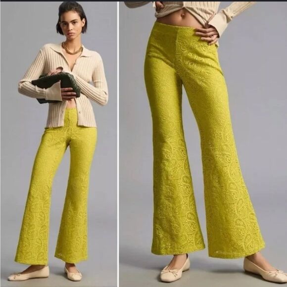NWT Anthropologie Flared Lace Pants Size 2 Lined Green Yellow - Picture 1 of 13